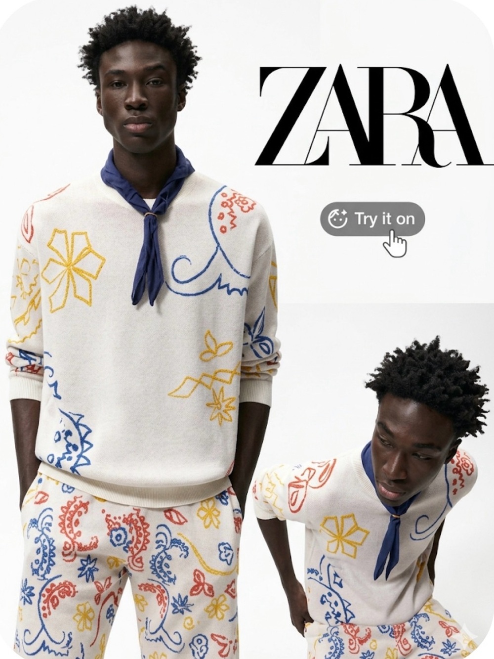 Zara Embroidered Jacquard Knit Sweater Men's Medium Cream Abstract Doodle: M